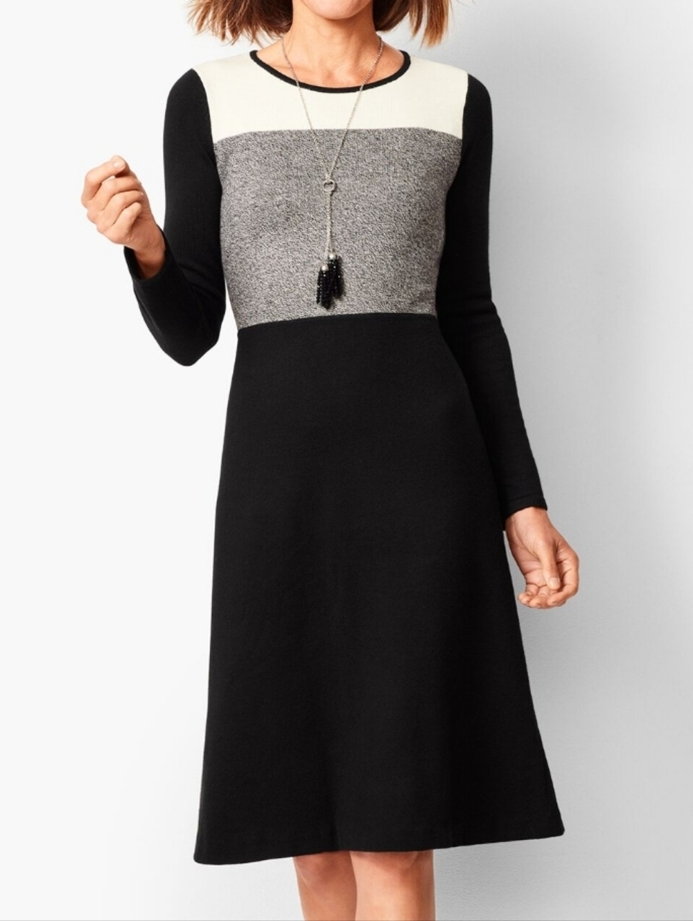 NWT Talbots Colorblock Marled Long Sleeve Sweater Shift Dress L Black/Gray
